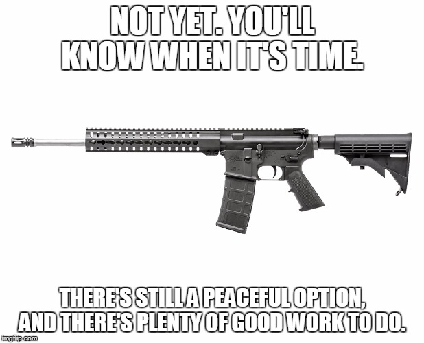 cmmgmk4t | NOT YET. YOU'LL KNOW WHEN IT'S TIME. THERE'S STILL A PEACEFUL OPTION, AND THERE'S PLENTY OF GOOD WORK TO DO. | image tagged in cmmgmk4t | made w/ Imgflip meme maker