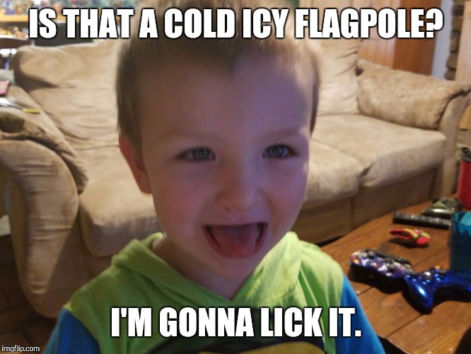 I'm gonna lick it | IS THAT A COLD ICY FLAGPOLE? I'M GONNA LICK IT. | image tagged in i'm gonna lick it | made w/ Imgflip meme maker