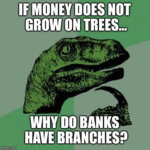 Philosoraptor | IF MONEY DOES NOT GROW ON TREES... WHY DO BANKS HAVE BRANCHES? | image tagged in memes,philosoraptor | made w/ Imgflip meme maker