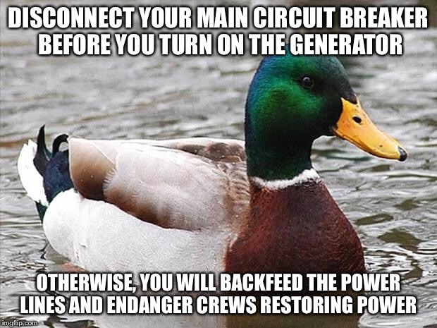 Advice mallard  | DISCONNECT YOUR MAIN CIRCUIT BREAKER BEFORE YOU TURN ON THE GENERATOR; OTHERWISE, YOU WILL BACKFEED THE POWER LINES AND ENDANGER CREWS RESTORING POWER | image tagged in advice mallard | made w/ Imgflip meme maker