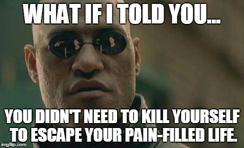 Matrix Morpheus Meme | WHAT IF I TOLD YOU... YOU DIDN'T NEED TO KILL YOURSELF TO ESCAPE YOUR PAIN-FILLED LIFE. | image tagged in memes,matrix morpheus | made w/ Imgflip meme maker