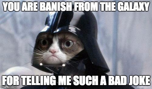 Grumpy Cat Star Wars Meme | YOU ARE BANISH FROM THE GALAXY; FOR TELLING ME SUCH A BAD JOKE | image tagged in memes,grumpy cat star wars,grumpy cat | made w/ Imgflip meme maker
