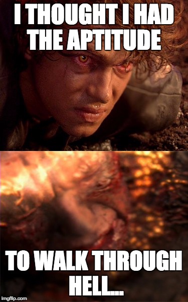 Anakin Skywalker Burning | I THOUGHT I HAD THE APTITUDE; TO WALK THROUGH HELL... | image tagged in anakin skywalker burning | made w/ Imgflip meme maker