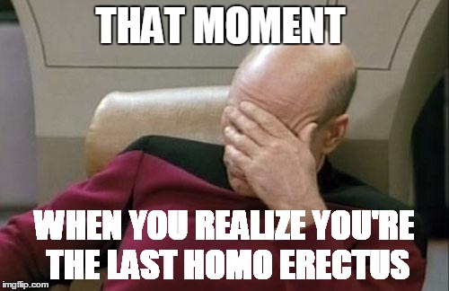 Captain Picard Facepalm | THAT MOMENT; WHEN YOU REALIZE YOU'RE THE LAST HOMO ERECTUS | image tagged in memes,captain picard facepalm | made w/ Imgflip meme maker