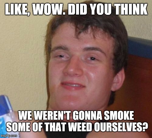 10 Guy Meme | LIKE, WOW. DID YOU THINK WE WEREN'T GONNA SMOKE SOME OF THAT WEED OURSELVES? | image tagged in memes,10 guy | made w/ Imgflip meme maker