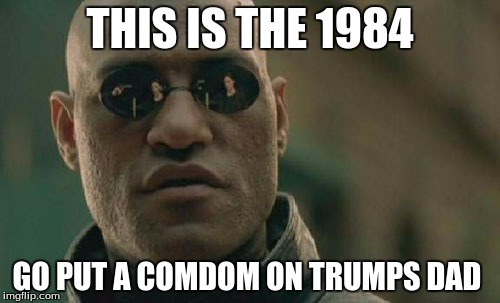 Matrix Morpheus Meme | THIS IS THE 1984; GO PUT A COMDOM ON TRUMPS DAD | image tagged in memes,matrix morpheus | made w/ Imgflip meme maker