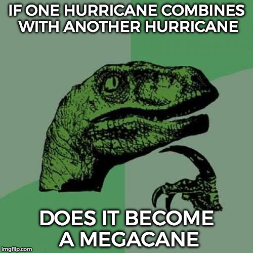 Philosoraptor | IF ONE HURRICANE COMBINES WITH ANOTHER HURRICANE; DOES IT BECOME A MEGACANE | image tagged in memes,philosoraptor | made w/ Imgflip meme maker