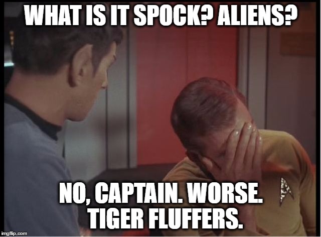 tiger fluffers | WHAT IS IT SPOCK? ALIENS? NO, CAPTAIN. WORSE.  TIGER FLUFFERS. | image tagged in golf,tiger woods,pga,pga tour,spock,star trek | made w/ Imgflip meme maker