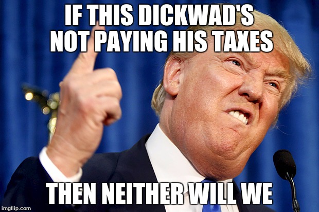 Trump not paying taxes | IF THIS DICKWAD'S NOT PAYING HIS TAXES; THEN NEITHER WILL WE | image tagged in donald trump,taxes | made w/ Imgflip meme maker