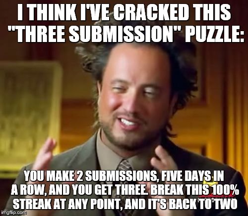 Ancient Aliens | I THINK I'VE CRACKED THIS "THREE SUBMISSION" PUZZLE:; YOU MAKE 2 SUBMISSIONS, FIVE DAYS IN A ROW, AND YOU GET THREE. BREAK THIS 100% STREAK AT ANY POINT, AND IT'S BACK TO TWO | image tagged in memes,ancient aliens | made w/ Imgflip meme maker