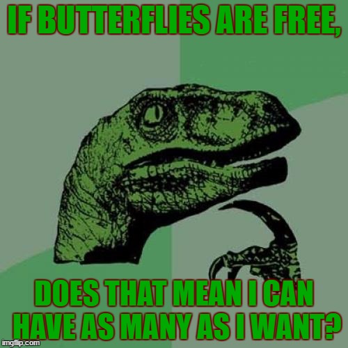 Butterflies are free... | IF BUTTERFLIES ARE FREE, DOES THAT MEAN I CAN HAVE AS MANY AS I WANT? | image tagged in memes,philosoraptor,butterflies,free | made w/ Imgflip meme maker