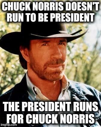The way it should be. | CHUCK NORRIS DOESN'T RUN TO BE PRESIDENT; THE PRESIDENT RUNS FOR CHUCK NORRIS | image tagged in chuck norris,presidential race,president,running | made w/ Imgflip meme maker