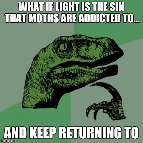 The Sin of Moths | WHAT IF LIGHT IS THE SIN THAT MOTHS ARE ADDICTED TO... AND KEEP RETURNING TO | image tagged in memes,philosoraptor,sin,addiction,relapse | made w/ Imgflip meme maker
