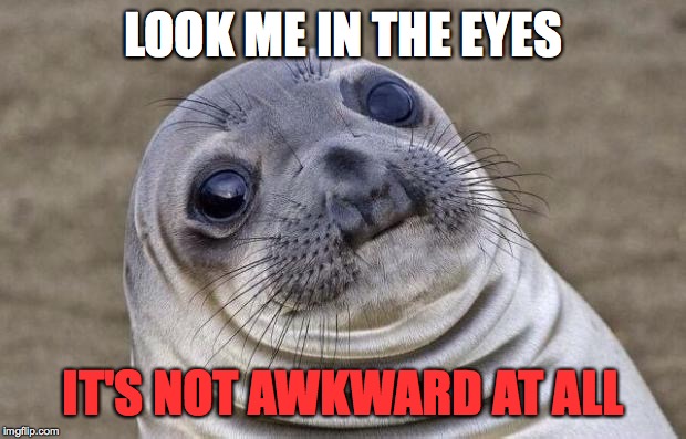 Awkward Moment Sealion | LOOK ME IN THE EYES; IT'S NOT AWKWARD AT ALL | image tagged in memes,awkward moment sealion | made w/ Imgflip meme maker