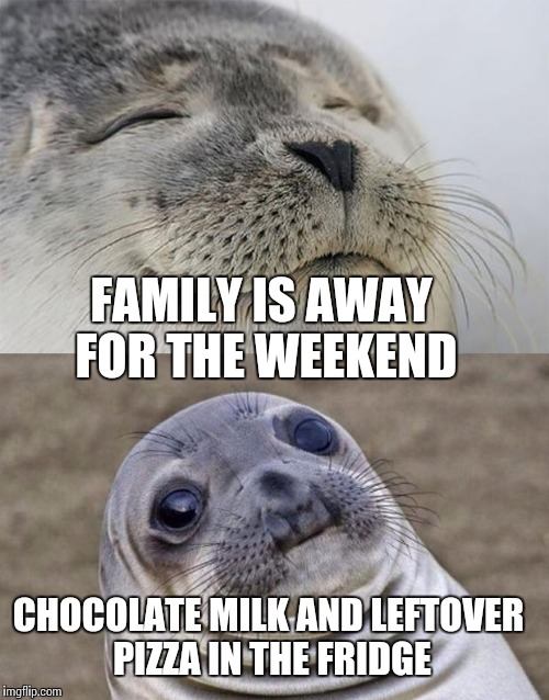 It's what's for dinner | FAMILY IS AWAY FOR THE WEEKEND; CHOCOLATE MILK AND LEFTOVER PIZZA IN THE FRIDGE | image tagged in short satisfaction vs truth,leftovers | made w/ Imgflip meme maker