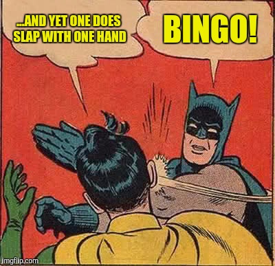 Batman Slapping Robin Meme | ...AND YET ONE DOES SLAP WITH ONE HAND BINGO! | image tagged in memes,batman slapping robin | made w/ Imgflip meme maker