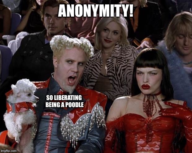 Mugatu So Hot Right Now Meme | ANONYMITY! SO LIBERATING BEING A POODLE | image tagged in memes,mugatu so hot right now | made w/ Imgflip meme maker