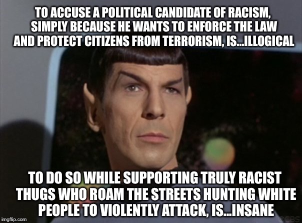 Spock Knows | TO ACCUSE A POLITICAL CANDIDATE OF RACISM, SIMPLY BECAUSE HE WANTS TO ENFORCE THE LAW AND PROTECT CITIZENS FROM TERRORISM, IS...ILLOGICAL; TO DO SO WHILE SUPPORTING TRULY RACIST THUGS WHO ROAM THE STREETS HUNTING WHITE PEOPLE TO VIOLENTLY ATTACK, IS...INSANE | image tagged in spock knows,donald trump,hillary clinton,election 2016,spock | made w/ Imgflip meme maker