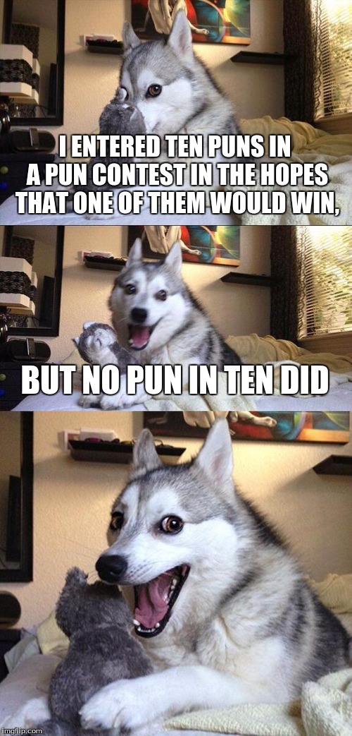Bad Pun Dog Meme | I ENTERED TEN PUNS IN A PUN CONTEST IN THE HOPES THAT ONE OF THEM WOULD WIN, BUT NO PUN IN TEN DID | image tagged in memes,bad pun dog | made w/ Imgflip meme maker
