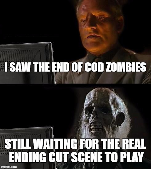 I'll Just Wait Here Meme | I SAW THE END OF COD ZOMBIES; STILL WAITING FOR THE REAL ENDING CUT SCENE TO PLAY | image tagged in memes,ill just wait here | made w/ Imgflip meme maker