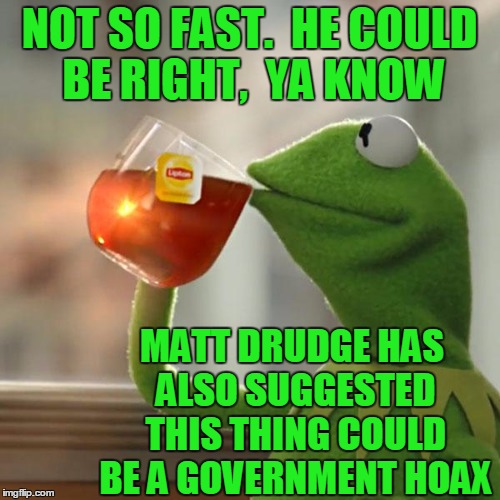 But That's None Of My Business Meme | NOT SO FAST.  HE COULD BE RIGHT,  YA KNOW MATT DRUDGE HAS ALSO SUGGESTED THIS THING COULD BE A GOVERNMENT HOAX | image tagged in memes,but thats none of my business,kermit the frog | made w/ Imgflip meme maker