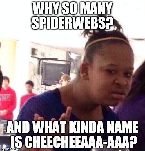 Black Girl Wat | WHY SO MANY SPIDERWEBS? AND WHAT KINDA NAME IS CHEECHEEAAA-AAA? | image tagged in memes,black girl wat,halloween,scary | made w/ Imgflip meme maker