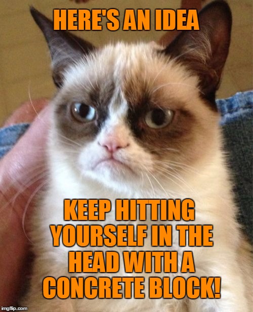 Grumpy Cat Meme | HERE'S AN IDEA KEEP HITTING YOURSELF IN THE HEAD WITH A CONCRETE BLOCK! | image tagged in memes,grumpy cat | made w/ Imgflip meme maker