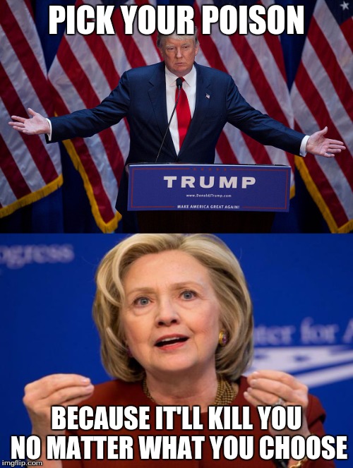 Trump or Clinton | PICK YOUR POISON; BECAUSE IT'LL KILL YOU NO MATTER WHAT YOU CHOOSE | image tagged in donald trump,hillary clinton | made w/ Imgflip meme maker