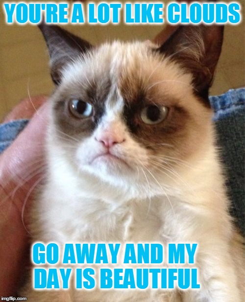 Blow Off | YOU'RE A LOT LIKE CLOUDS; GO AWAY AND MY DAY IS BEAUTIFUL | image tagged in memes,grumpy cat,go away,leave me alone | made w/ Imgflip meme maker