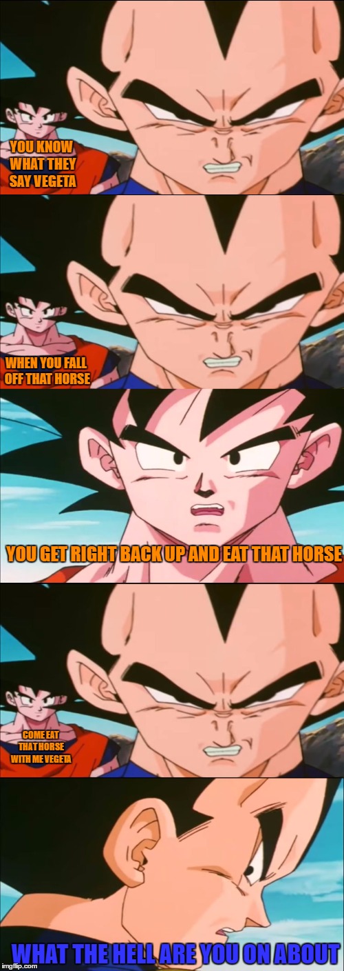 Gokus pep talk after vegeta's loss | YOU KNOW WHAT THEY SAY VEGETA; WHEN YOU FALL OFF THAT HORSE; YOU GET RIGHT BACK UP AND EAT THAT HORSE; COME EAT THAT HORSE WITH ME VEGETA; WHAT THE HELL ARE YOU ON ABOUT | image tagged in tfs,dbz,goku,vegeta | made w/ Imgflip meme maker