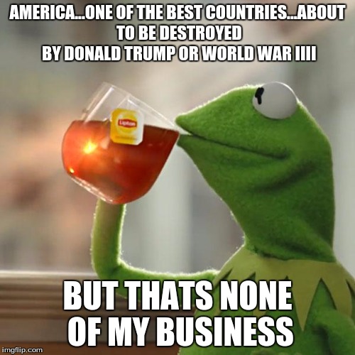 But That's None Of My Business Meme | AMERICA...ONE OF THE BEST COUNTRIES...ABOUT TO BE DESTROYED BY DONALD TRUMP OR WORLD WAR IIII; BUT THATS NONE OF MY BUSINESS | image tagged in memes,but thats none of my business,kermit the frog | made w/ Imgflip meme maker