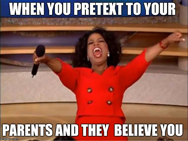 Oprah You Get A Meme | WHEN YOU PRETEXT TO YOUR; PARENTS AND THEY  BELIEVE YOU | image tagged in memes,oprah you get a | made w/ Imgflip meme maker