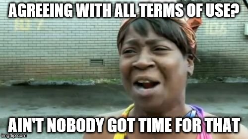 Ain't Nobody Got Time For That Meme |  AGREEING WITH ALL TERMS OF USE? AIN'T NOBODY GOT TIME FOR THAT | image tagged in memes,aint nobody got time for that | made w/ Imgflip meme maker