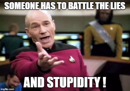Picard Wtf Meme | SOMEONE HAS TO BATTLE THE LIES AND STUPIDITY ! | image tagged in memes,picard wtf | made w/ Imgflip meme maker