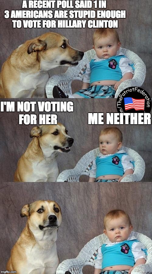 Dad Joke Dog | A RECENT POLL SAID 1 IN 3 AMERICANS ARE STUPID ENOUGH TO VOTE FOR HILLARY CLINTON; ME NEITHER; I'M NOT VOTING FOR HER | image tagged in memes,dad joke dog | made w/ Imgflip meme maker