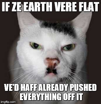 Nazi Cat | IF ZE EARTH VERE FLAT VE'D HAFF ALREADY PUSHED EVERYTHING OFF IT | image tagged in nazi cat | made w/ Imgflip meme maker