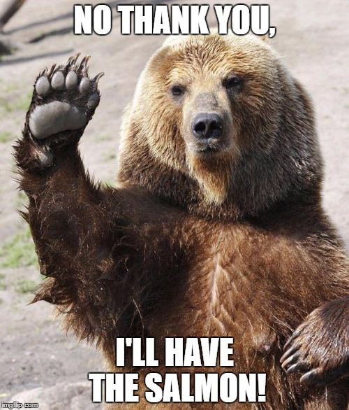 Hello bear | NO THANK YOU, I'LL HAVE THE SALMON! | image tagged in hello bear | made w/ Imgflip meme maker