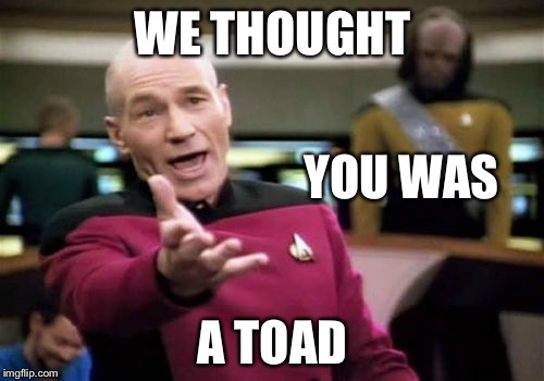 Picard Wtf Meme | WE THOUGHT A TOAD YOU WAS | image tagged in memes,picard wtf | made w/ Imgflip meme maker