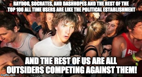 Sudden Clarity Clarence | RAYDOG, SOCRATES, AND DASHHOPES AND THE REST OF THE TOP 100 ALL TIME USERS ARE LIKE THE POLITICAL ESTABLISHMENT; AND THE REST OF US ARE ALL OUTSIDERS COMPETING AGAINST THEM! | image tagged in memes,sudden clarity clarence | made w/ Imgflip meme maker