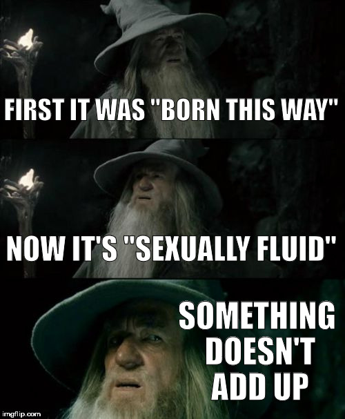 Confused Gandalf | FIRST IT WAS "BORN THIS WAY"; NOW IT'S "SEXUALLY FLUID"; SOMETHING DOESN'T ADD UP | image tagged in memes,confused gandalf,transgender,homosexual,gender identity | made w/ Imgflip meme maker