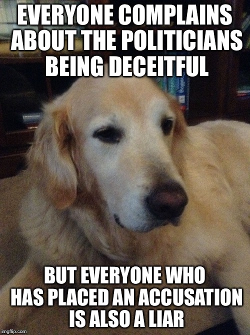 Overly critical dog | EVERYONE COMPLAINS ABOUT THE POLITICIANS BEING DECEITFUL; BUT EVERYONE WHO HAS PLACED AN ACCUSATION IS ALSO A LIAR | image tagged in overly critical dog | made w/ Imgflip meme maker
