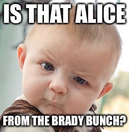 Skeptical Baby Meme | IS THAT ALICE FROM THE BRADY BUNCH? | image tagged in memes,skeptical baby | made w/ Imgflip meme maker