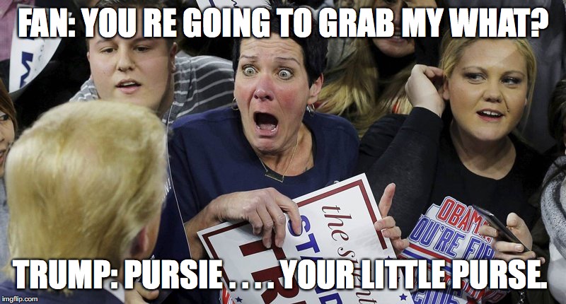 Trump Shocker | FAN: YOU RE GOING TO GRAB MY WHAT? TRUMP: PURSIE . . . . YOUR LITTLE PURSE. | image tagged in trump shocker | made w/ Imgflip meme maker