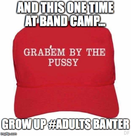 #GEBTP NEW HAT | AND THIS ONE TIME AT BAND CAMP... GROW UP #ADULTS BANTER | image tagged in hate | made w/ Imgflip meme maker