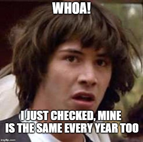 Conspiracy Keanu Meme | WHOA! I JUST CHECKED, MINE IS THE SAME EVERY YEAR TOO | image tagged in memes,conspiracy keanu | made w/ Imgflip meme maker