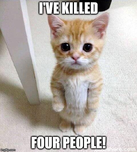 Cute Cat | I'VE KILLED; FOUR PEOPLE! | image tagged in memes,cute cat | made w/ Imgflip meme maker