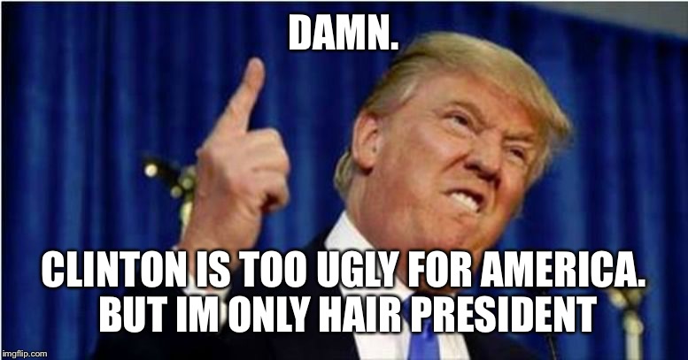 Trump about to lose it | DAMN. CLINTON IS TOO UGLY FOR AMERICA. BUT IM ONLY HAIR PRESIDENT | image tagged in trump about to lose it | made w/ Imgflip meme maker