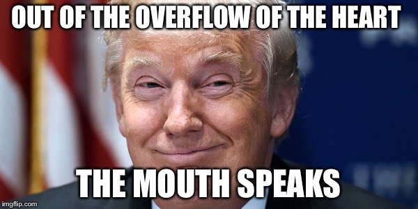 Trump Smirk | OUT OF THE OVERFLOW OF THE HEART; THE MOUTH SPEAKS | image tagged in trump smirk | made w/ Imgflip meme maker