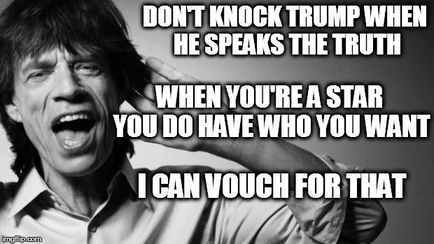 Mick Jagger | DON'T KNOCK TRUMP WHEN HE SPEAKS THE TRUTH; WHEN YOU'RE A STAR YOU DO HAVE WHO YOU WANT; I CAN VOUCH FOR THAT | image tagged in mick jagger | made w/ Imgflip meme maker