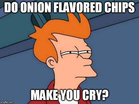 Futurama Fry Meme | DO ONION FLAVORED CHIPS MAKE YOU CRY? | image tagged in memes,futurama fry | made w/ Imgflip meme maker